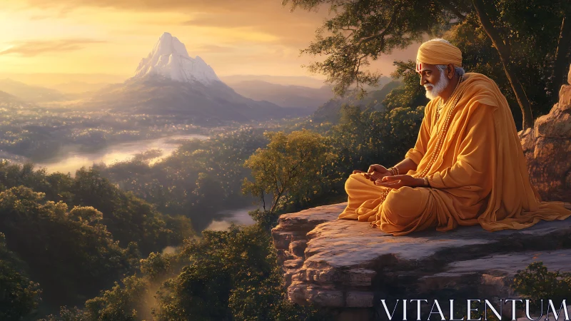 Mountain overlook meditation with volumetric golden lighting.