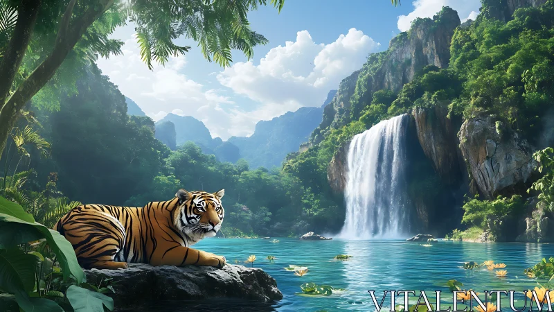 Tiger resting by turquoise jungle waterfall in sunlight.