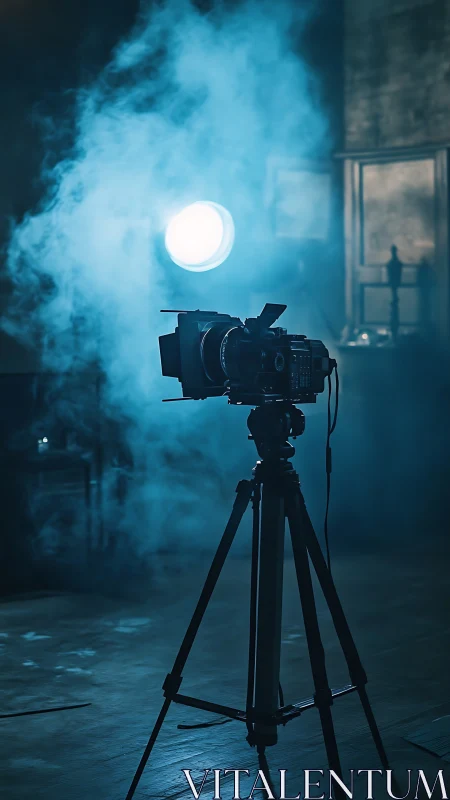 Cinema camera on tripod framed against backlit fog in studio