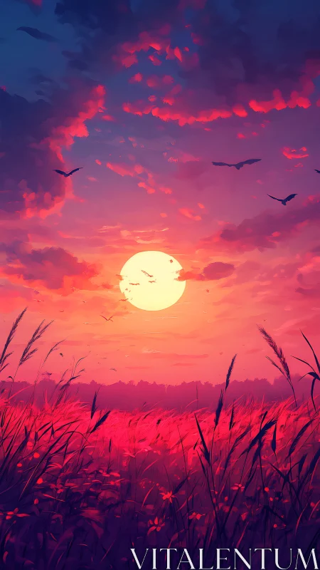 Vibrant crimson meadow under saturated sunset sky panorama