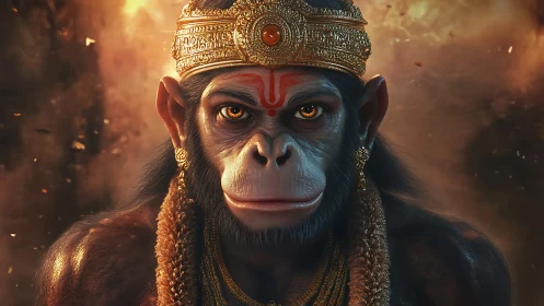 Simian figure is depicted wearing ornate golden regalia