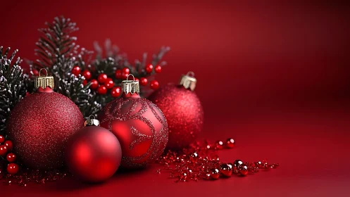 Red Christmas ornaments and berries on deep red background.