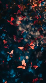 Velvet red butterflies drift gently through a twilight garden