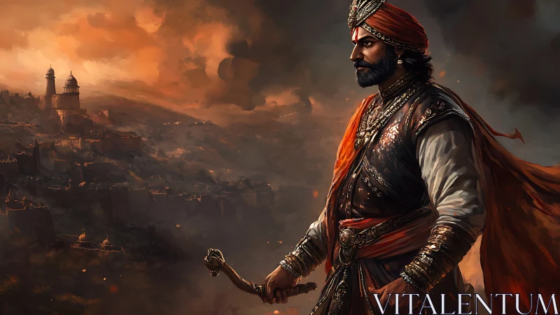 Warrior king overlooking burning fortress city at dusk.