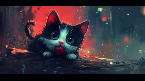 Stylized Cat in Urban Dystopian Setting with Red and Teal Lighting