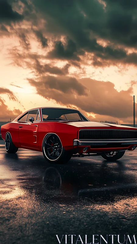 Crimson muscle car stalks a rain-soaked sunset horizon.