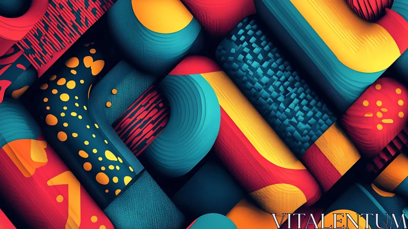 Bold geometric cylinders in teal, red, and yellow pattern