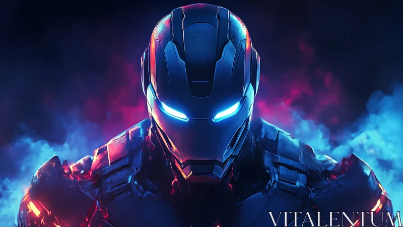 Armored futuristic humanoid suit glows with intense neon light