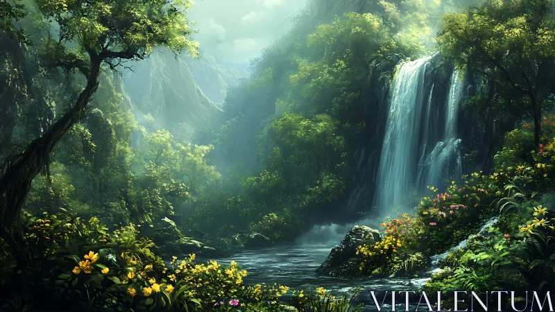 Lush green canyon with tall waterfall and wildflowers