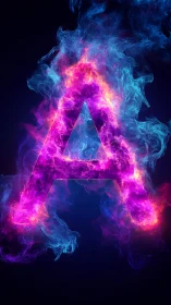 Neon letter A formed by bi-color plasma flames on black void