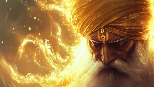 Elder mystic in golden turban wreathed by luminous energy flow