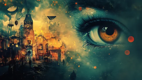 Human eye overlay with illuminated urban street at night.