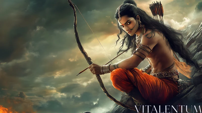 Mythic archer poised on rocky outcrop under storm-lit sky