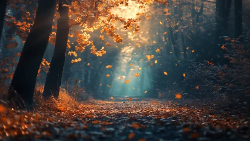 Golden Cascade: Autumn's Luminous Forest Portal.