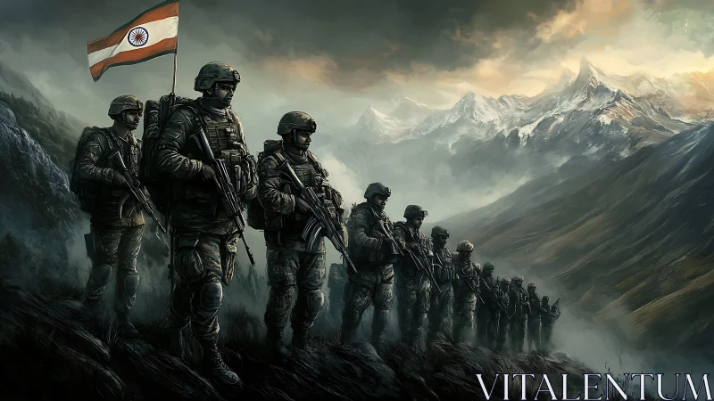 Line of armed soldiers advances along rugged mountain ridge