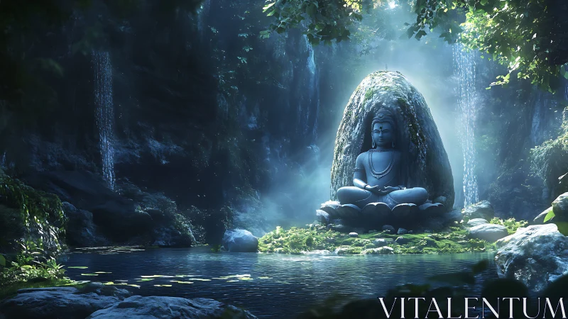 Stone Buddha statue anchors misty forest waterfall sanctuary