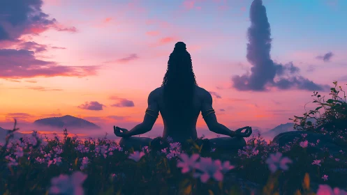 Backlit yogic silhouette in lotus pose under saturated dusk sky