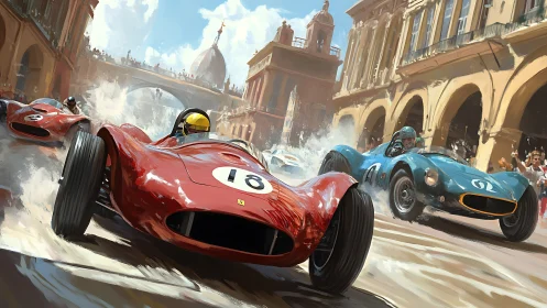 Vintage racers slingshot through a sunlit Italian streetscape