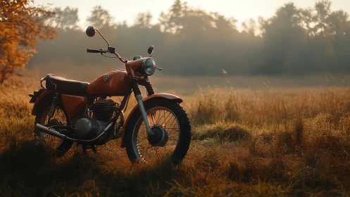 Vintage motorcycle stands in a sunlit field at dawn
