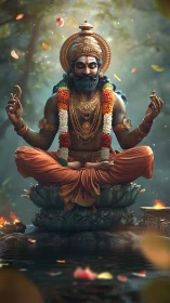 Lotus-throned sage ascends in golden forested stillness.