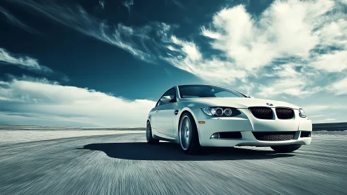 White BMW sedan driving fast on open highway under sky.