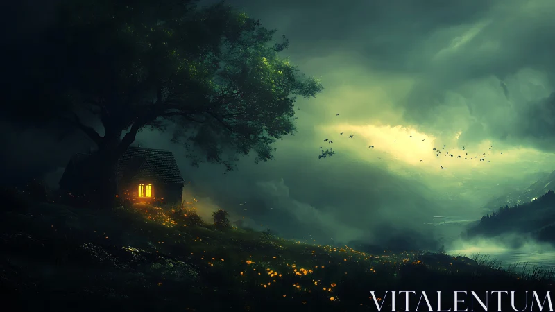 Small lit cabin under large tree beside misty valley