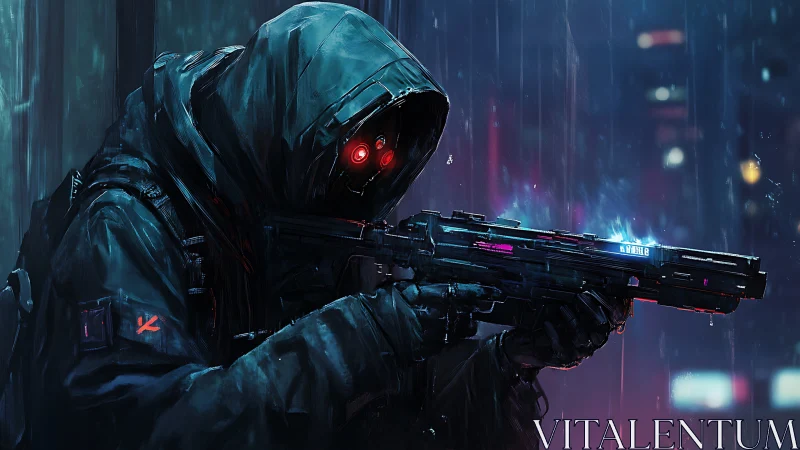 Hooded cybernetic marksman holding rifle in rainy city night.