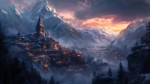 Mountain citadel glows over misty valley at fiery sunset