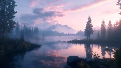 Mountain lake reflects pine trees under pink dawn sky