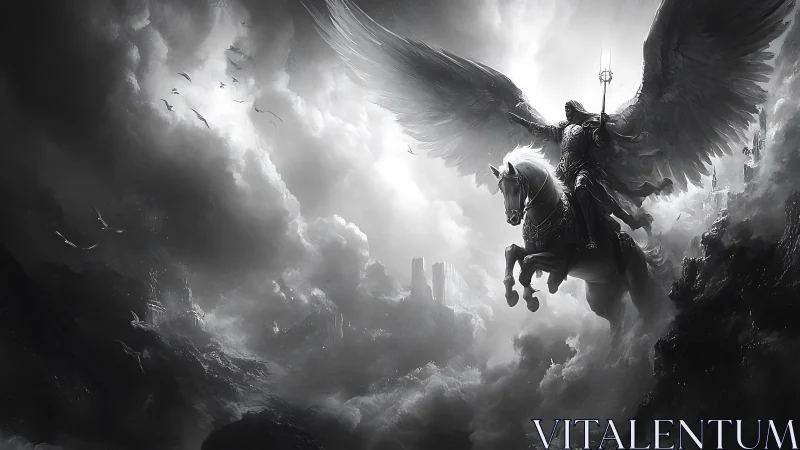 Winged knight rides warhorse through stormlit celestial chasm