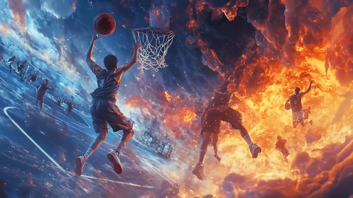 Basketball players in dual cold and fiery environments.