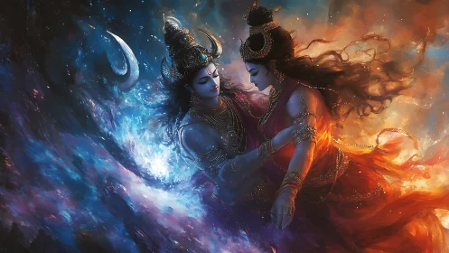 Divine cosmic lovers embrace amid swirling fire and starlit mist