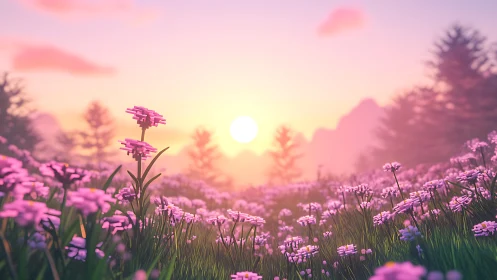 Soft sunrise glows over a peaceful meadow of pink flowers
