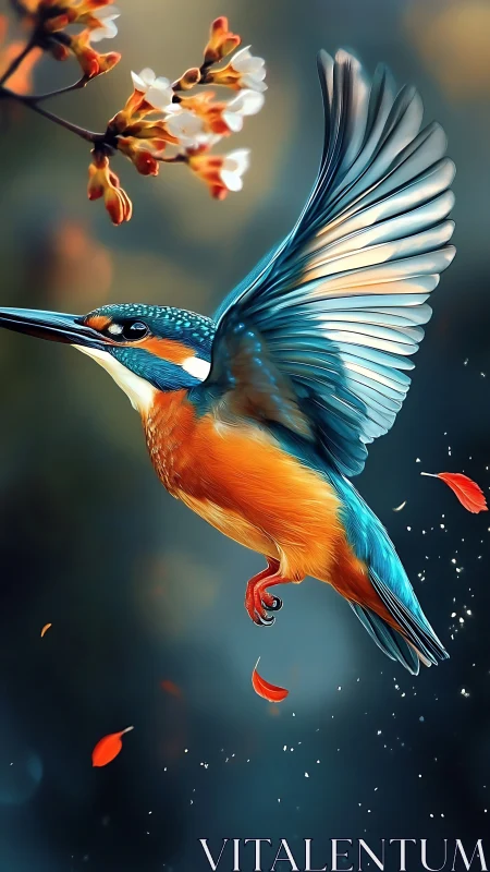 Graceful kingfisher gliding beneath soft spring blossoms.