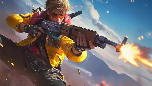 Skydiving gunner unleashes rapid fire over mountain ridge.