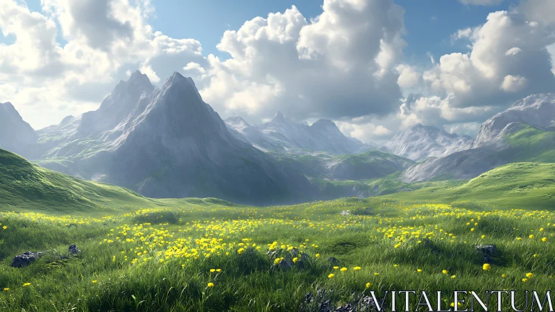 Sunlit valley of wildflowers beneath quiet mountain peaks.