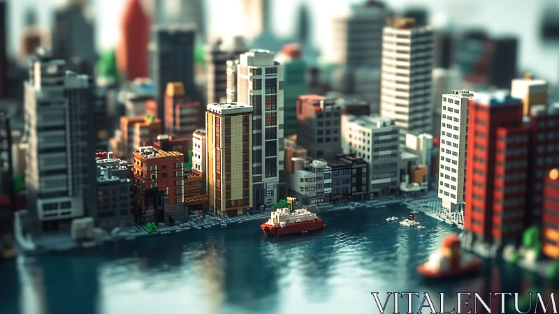 Voxel waterfront cityscape with high-rises and cargo vessel