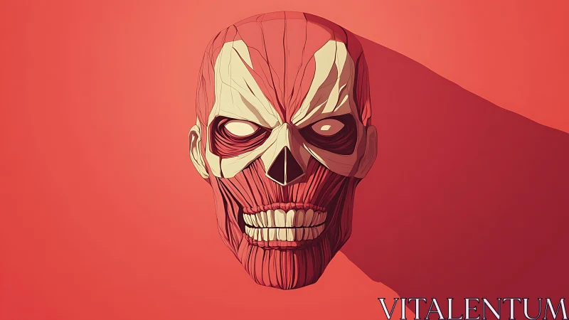 Bold stylized skull portrait glows against a vivid red field