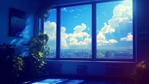 Sunlit city window frames dreamy blue sky serenity