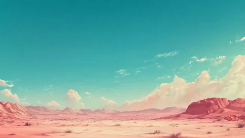 Pink desert plateau under clear cyan daytime sky.