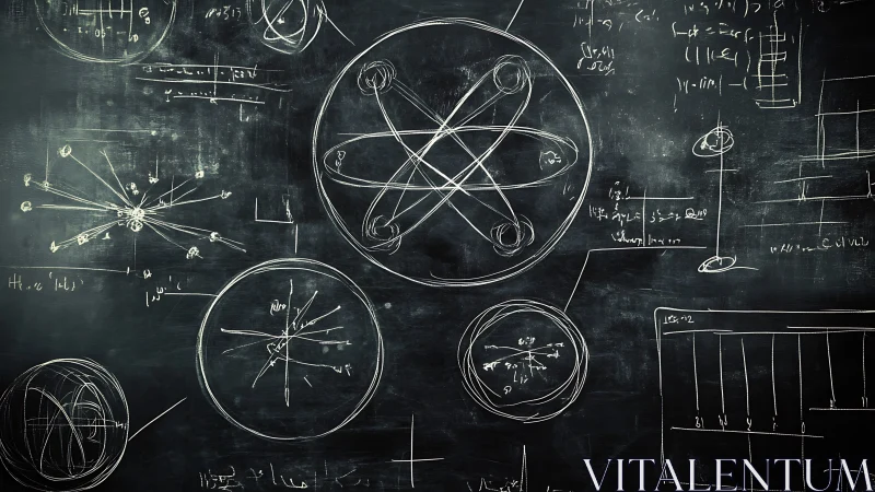 Orbital dynamics schematics on distressed physics chalkboard.