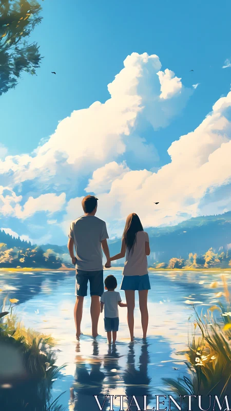 Family beside sunlit lake under towering summer clouds.