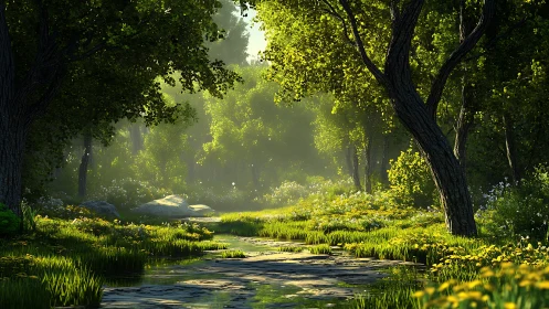 Luminous Forest Corridor: Canopy-Filtered Light Through Riparian Clearing.