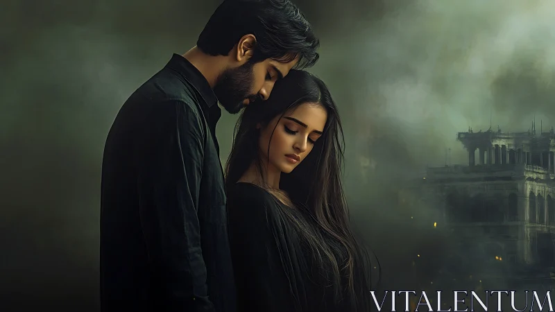 Digitally rendered couple in intimate proximity with Gothic architecture backdrop