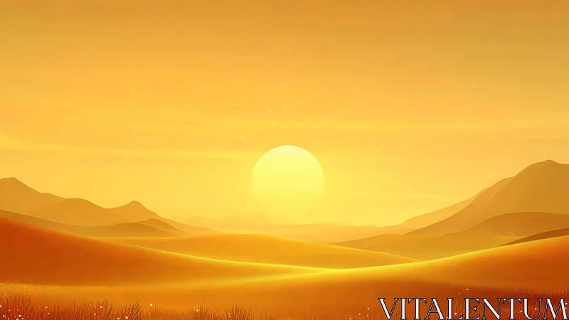 Golden sun over rolling desert dunes at warm sunset.