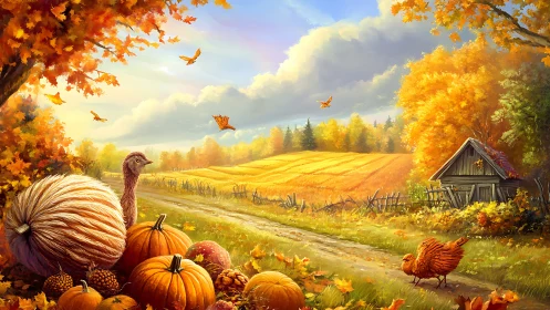 Autumn farm road with pumpkins, chickens, and glowing fields.