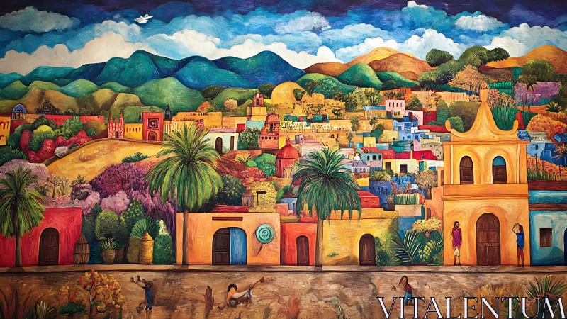 Chromatic hillside townscape with layered architectural geometry.