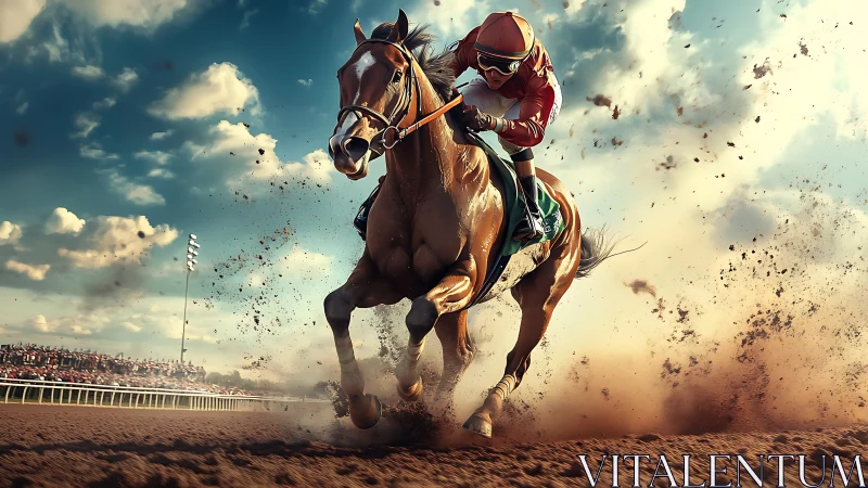 Galloping racehorse charging forward in a cloud of energy.