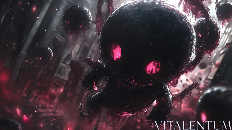 Volumetric pink-glow void sprite swarm in decayed corridor