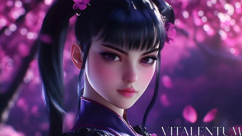 Purple-lit digital portrait shows stylized girl with blossoms